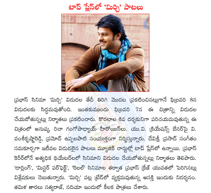 prabhas,prabhas as mirchi,mirchi release date,koratala shiva,anushka,richa gangopadhyay,devisri prasad,mirchi music,mirchi songs,mirchi craze  prabhas, prabhas as mirchi, mirchi release date, koratala shiva, anushka, richa gangopadhyay, devisri prasad, mirchi music, mirchi songs, mirchi craze